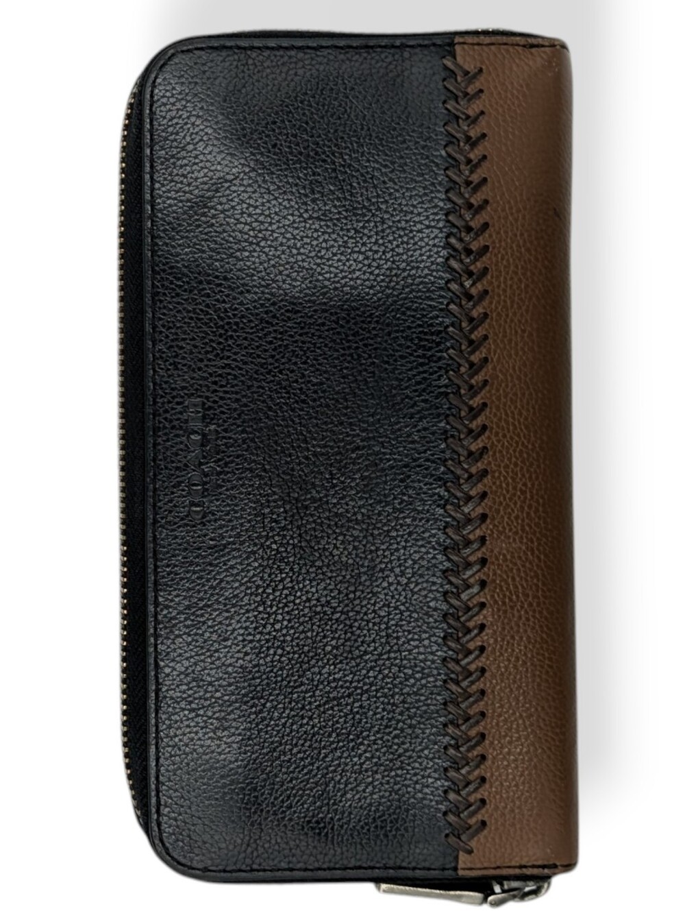 Coach Accordion Wallet Black Brown Pebble Leather Whipstitch Zip Around F58105 - Picture 2 of 16